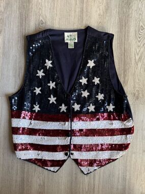 Vintage 90’s Sequin Americana Stars & Stripes 4th of July Snap Front Tank Vest L